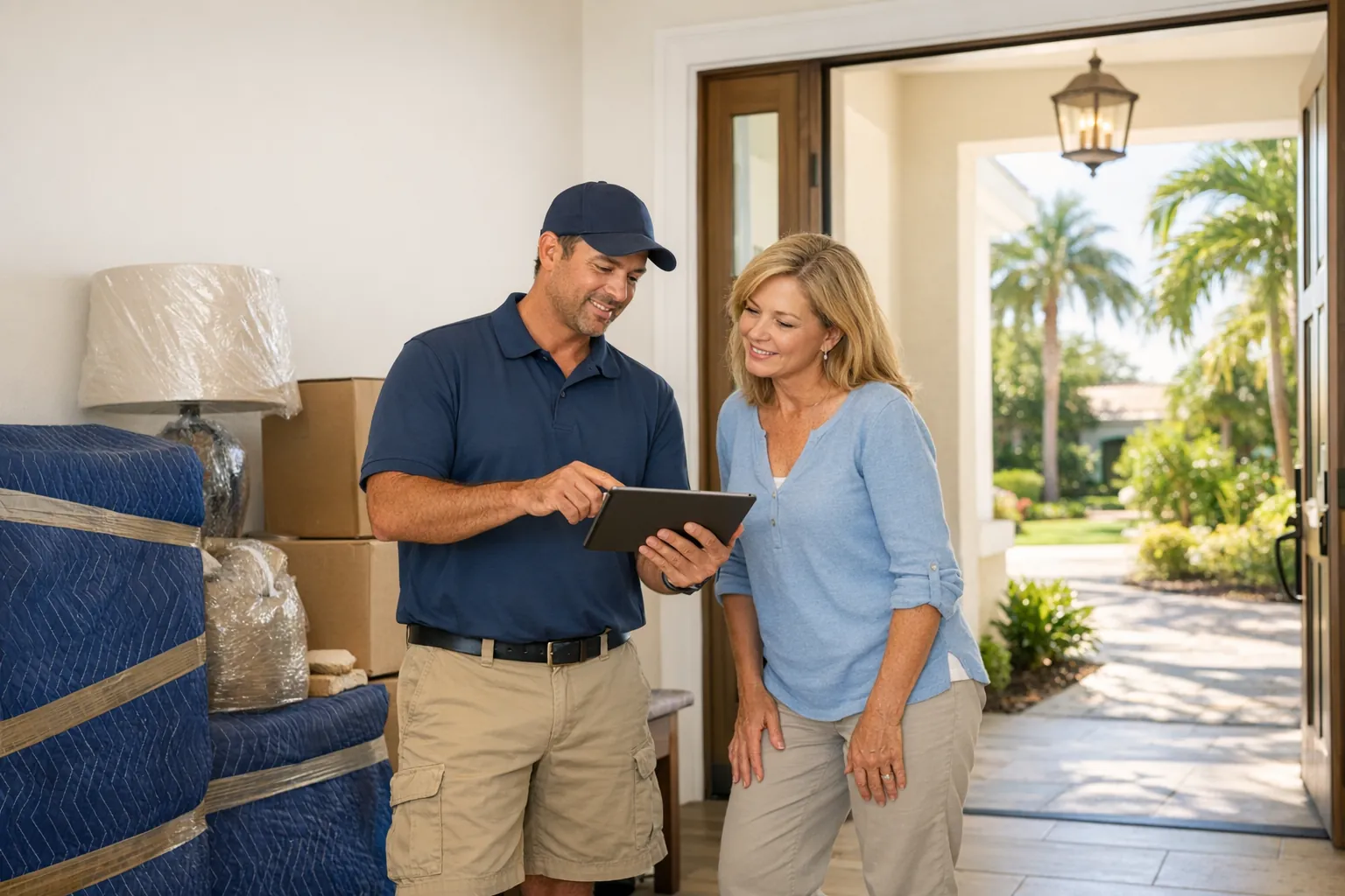 Florida's Moving & Storage coordinator reviewing move details with a homeowner
