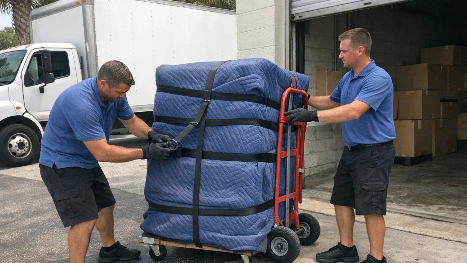 Florida's Moving & Storage movers preparing wrapped furniture beside a clean moving truck at the Bonita Springs facility