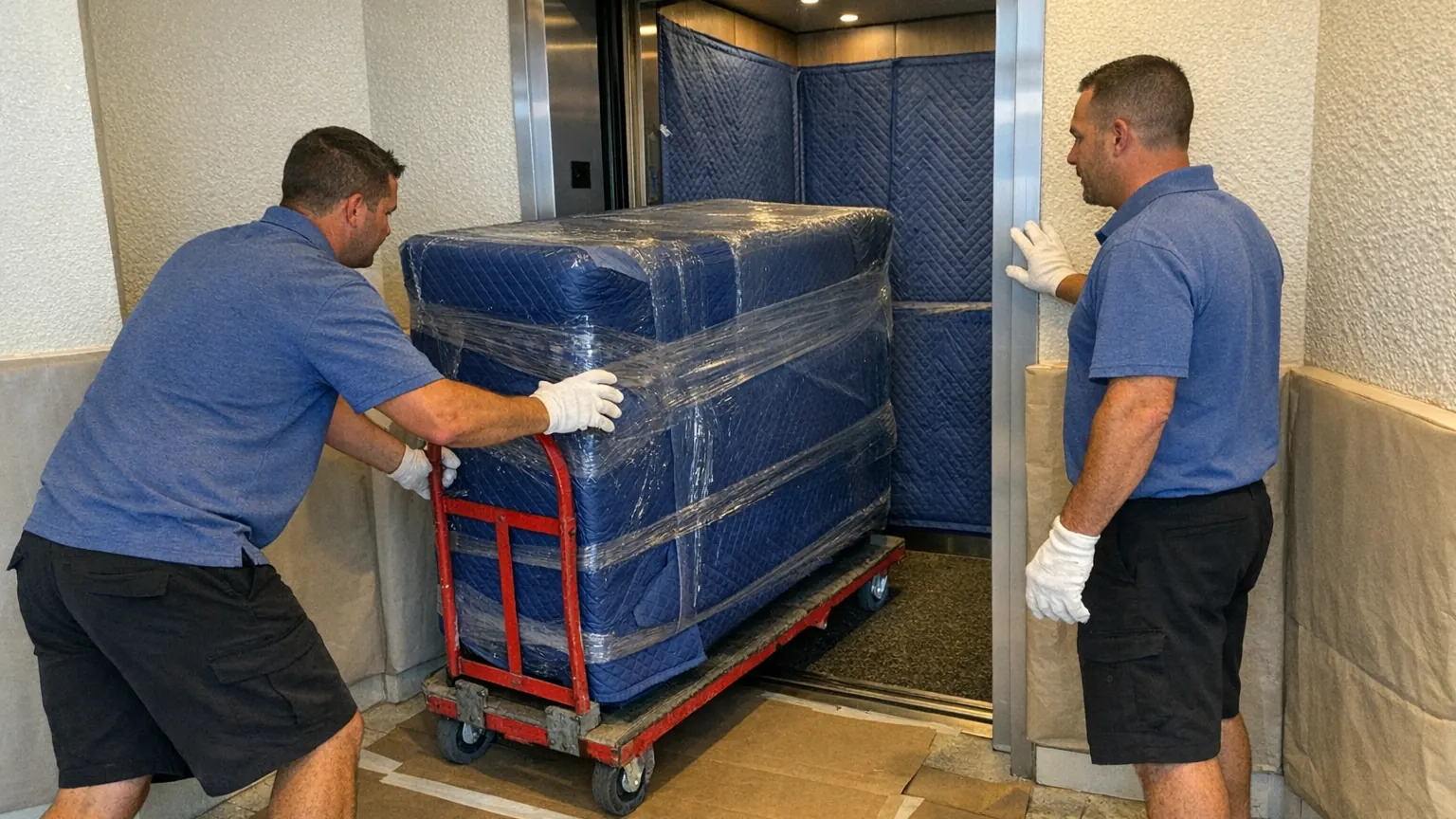 Florida's Moving & Storage crew guiding wrapped furniture through a protected condo service elevator area