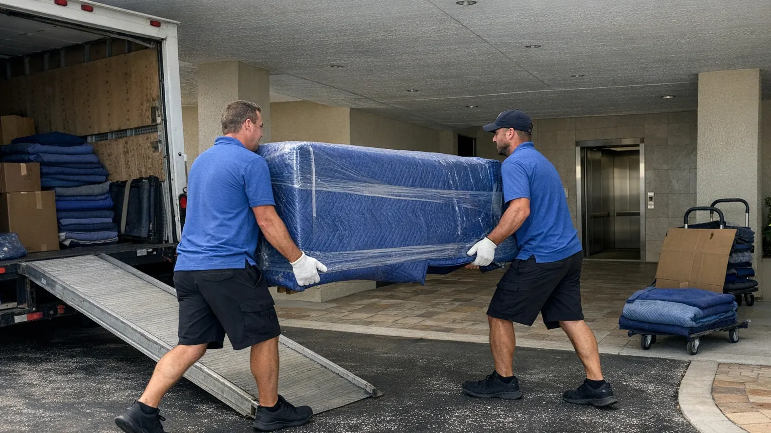 Florida's Moving & Storage crew carrying wrapped furniture from a truck ramp at a Marco Island condo loading area