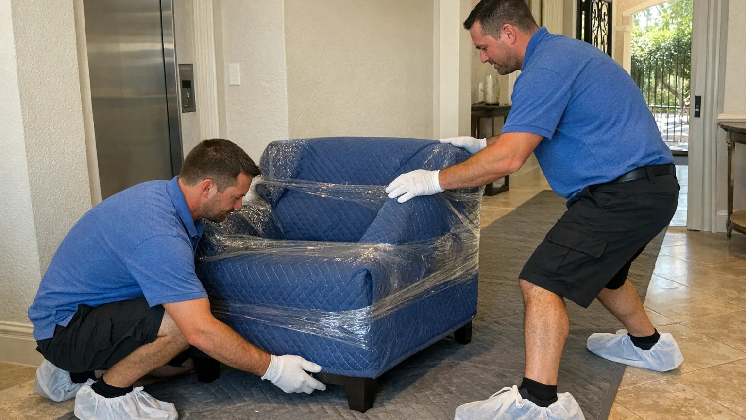 Florida's Moving & Storage movers placing a wrapped chair inside a protected Naples home entry