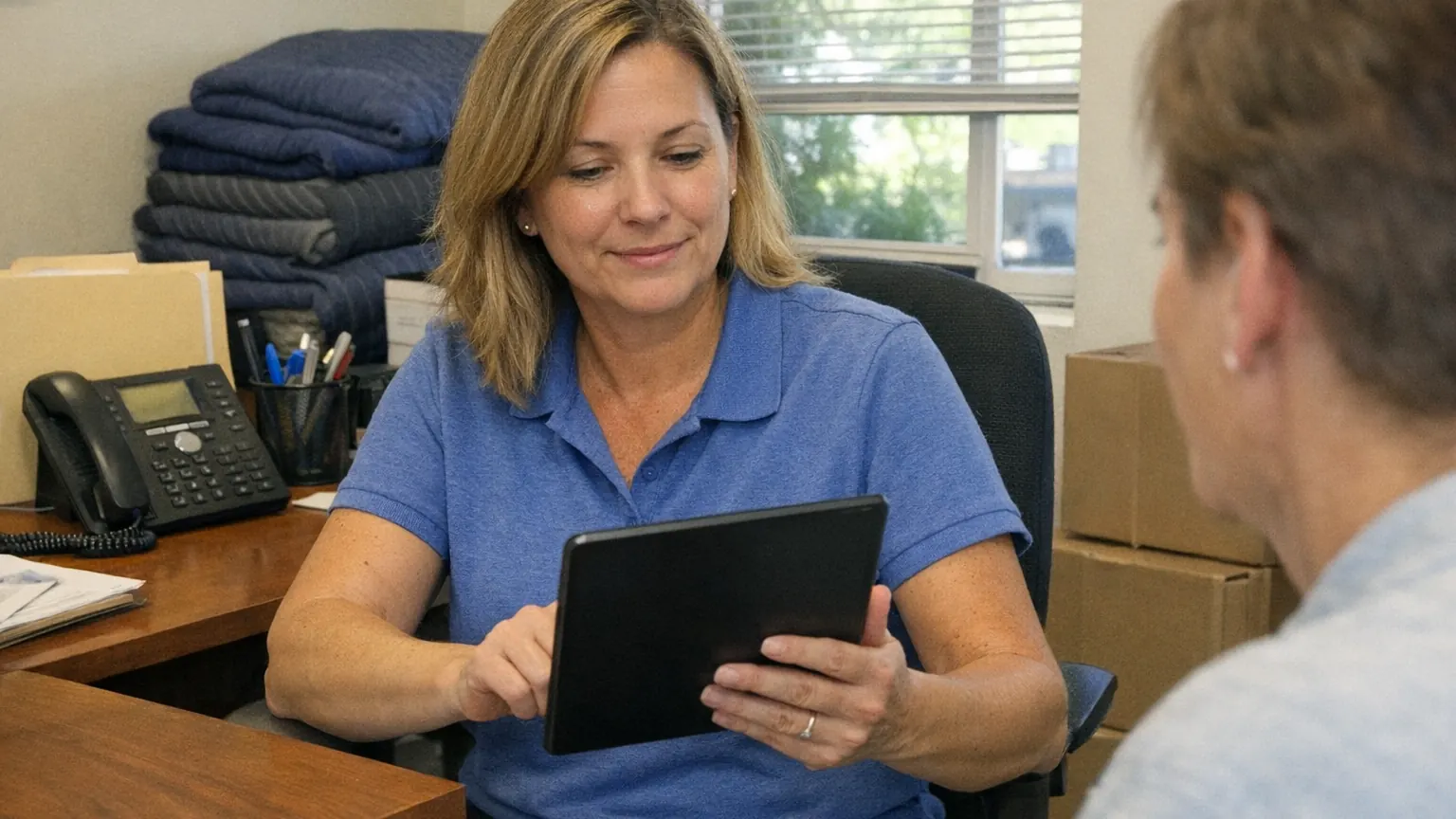 Florida's Moving & Storage coordinator reviewing a moving quote request on a blank tablet in the Bonita Springs office