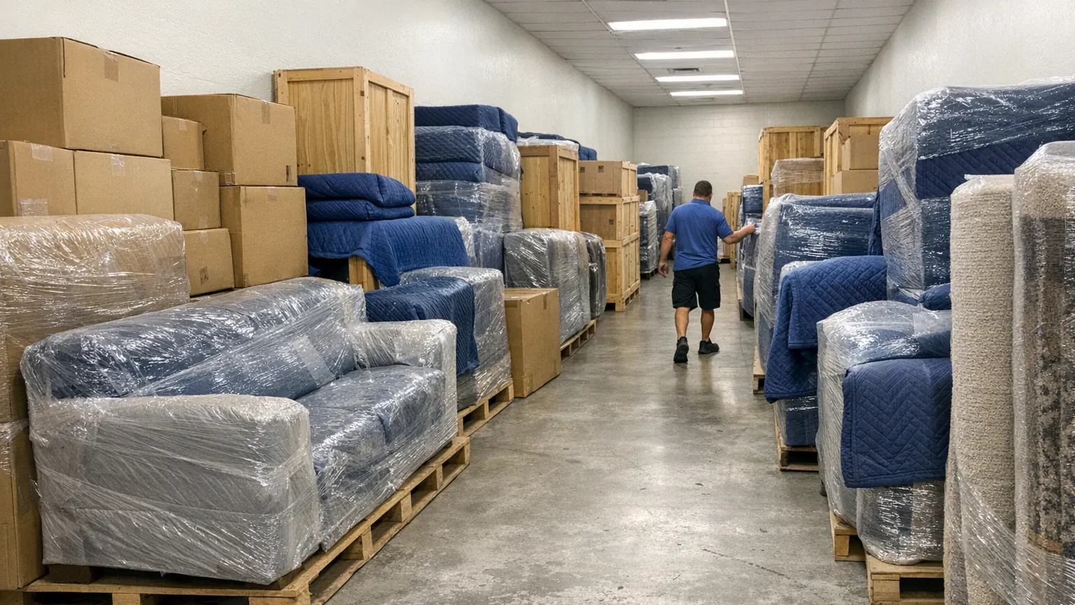 Organized Florida's Moving & Storage facility aisle with wrapped furniture, crates, cartons, and moving blankets